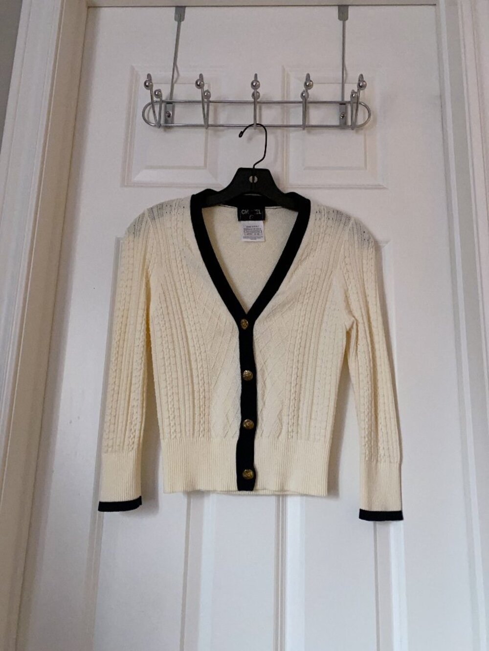 Cream & Black Cable Knit V Neck Cardigan Button Front Luxury Design Sweater